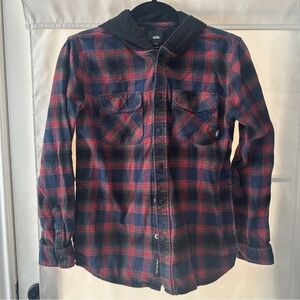 Vans Kids Red and Blue Plaid Button Down Hooded Shirt/Shacket